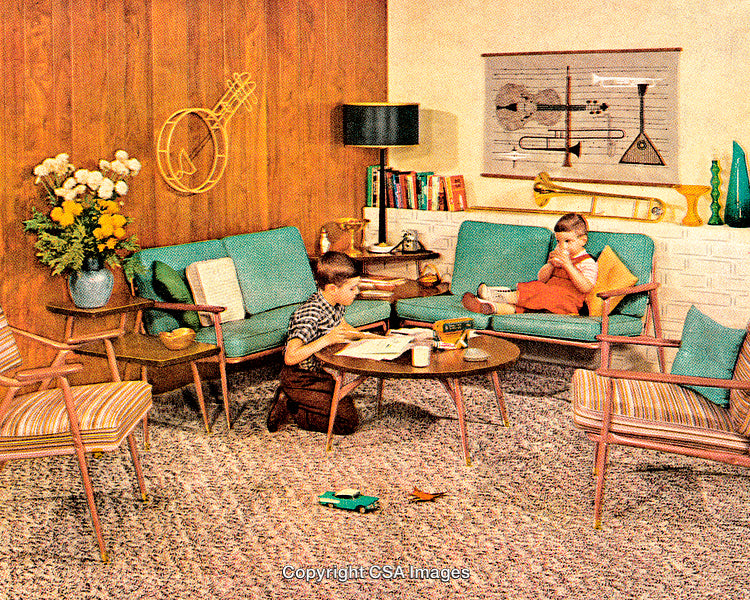 Retro Living Room with Children Playing in Vintage Mid-Century Furniture Setting