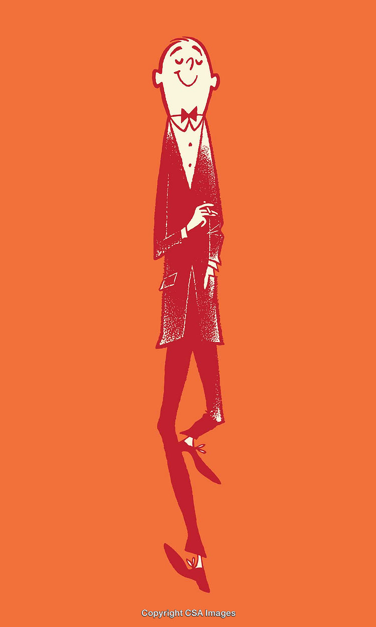 Stylized Drawing of a Cheerful Character in Formal Attire on Orange Background