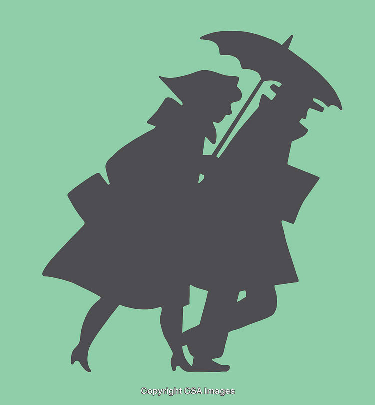 Silhouette of Two Individuals Sharing an Umbrella During Rain