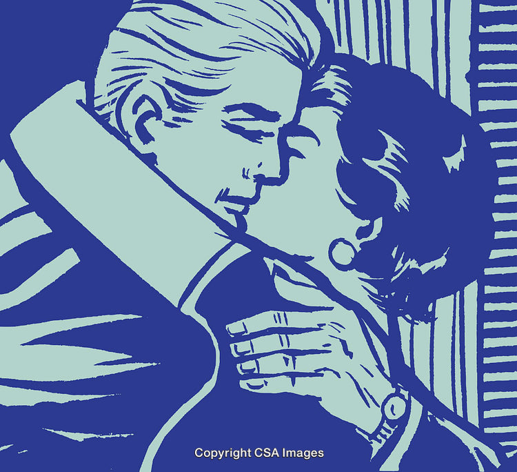 Romantic Vintage Styled Illustration of a Couple Sharing a Passionate Kiss