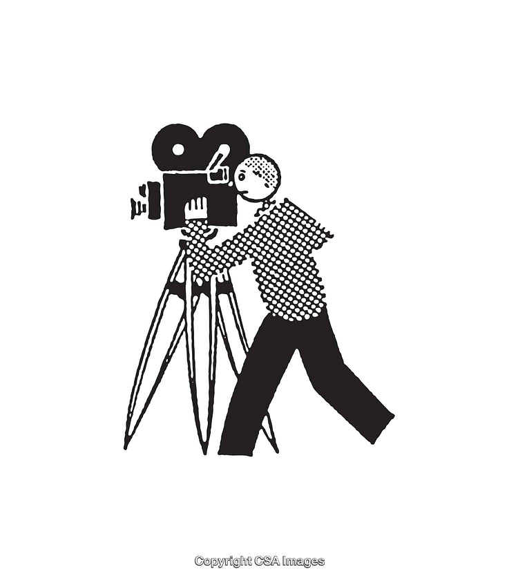 Black and White Retro Cameraman Illustration With Vintage Film Equipment