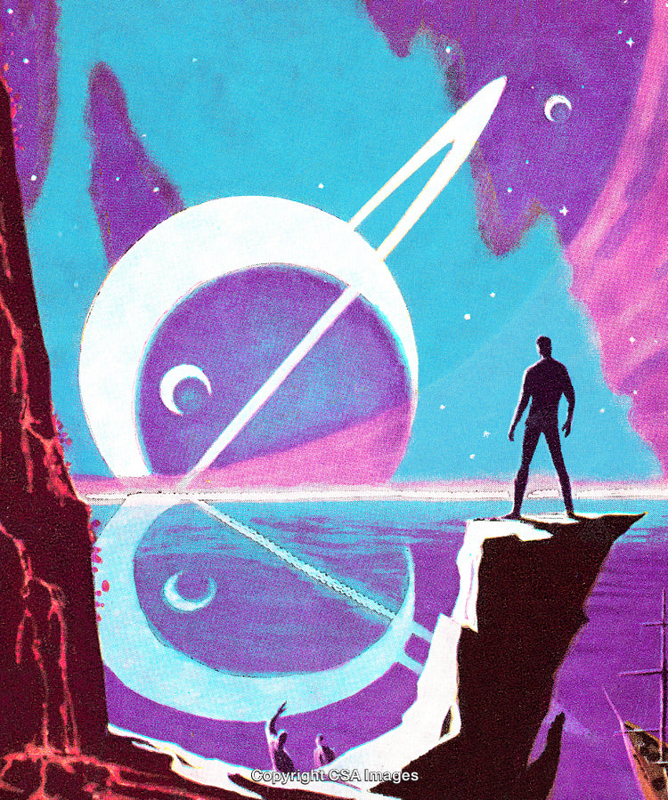 Silhouetted Figure by Scenic Alien Landscape with Planets and Reflective Water
