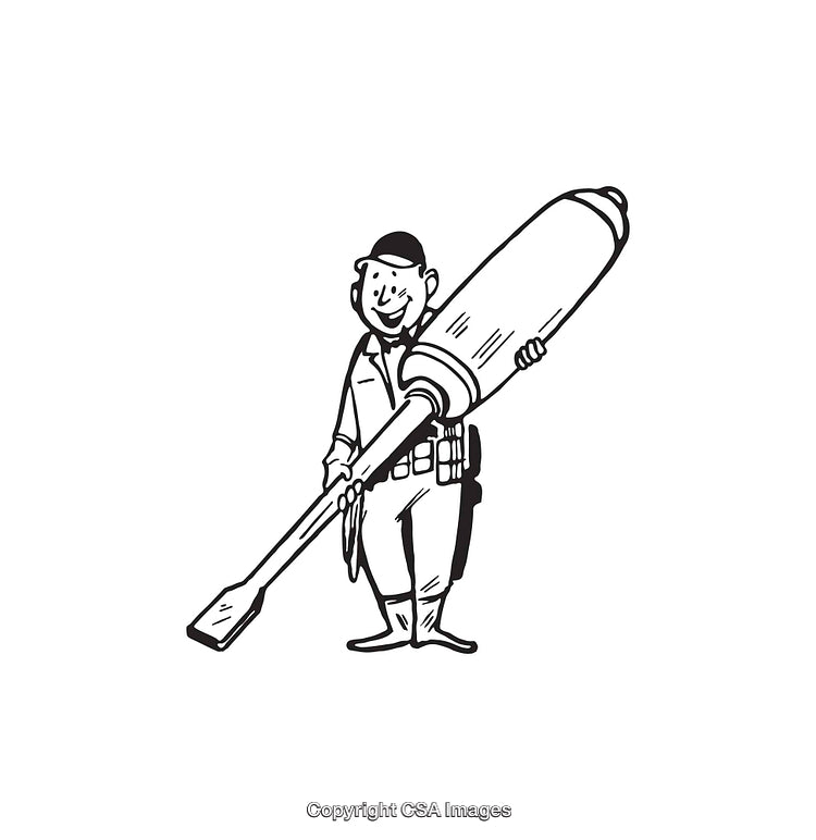 Black and White Line Art of a Cartoon Man Holding an Oar