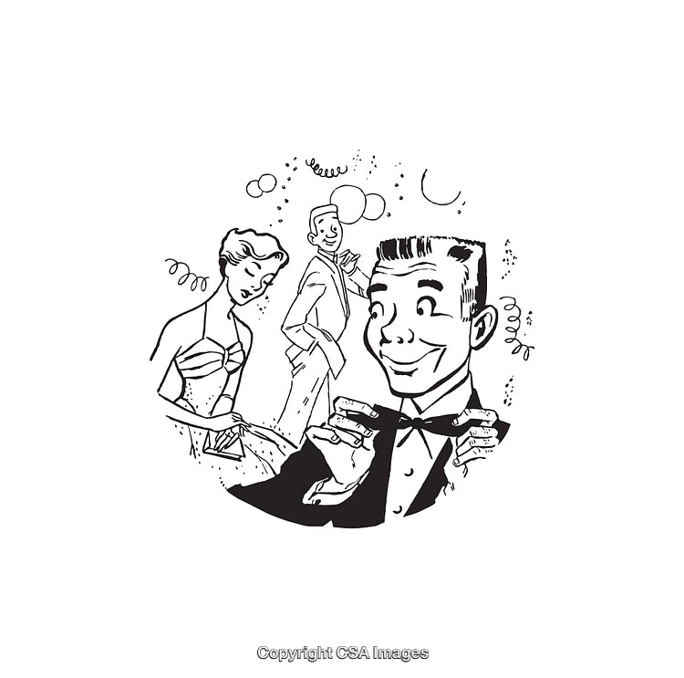 Retro Line Art of Partygoers in Elegant Attire with Festive Atmosphere
