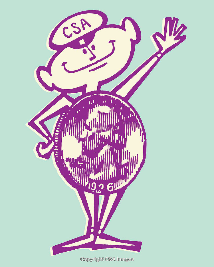 Quirky Cartoon Character with Globe Body in Color Line Art Illustration