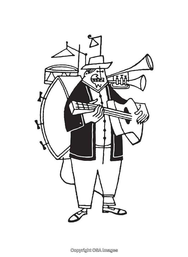 Black and White Line Art Illustration of a One-Man Band Musician