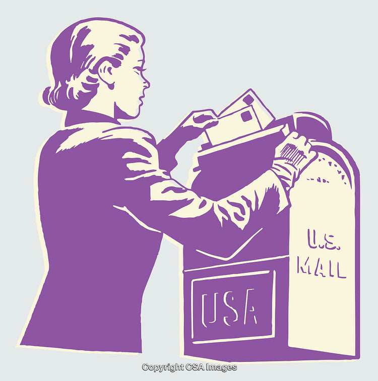 Vintage Illustration of a Woman Mailing Letters in a US Mailbox