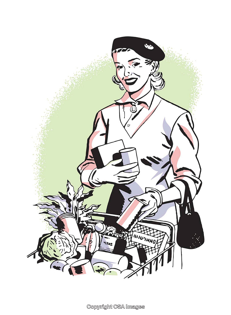 Illustrated Retro Woman Enjoying Grocery Shopping with Cart