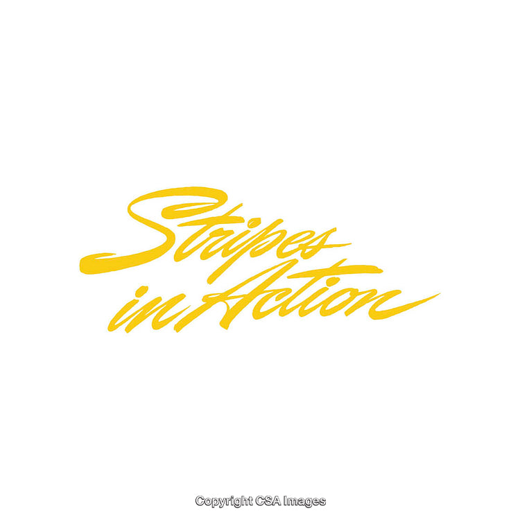 Yellow Script Text Design Reading 'Stripes in Action' on White Background
