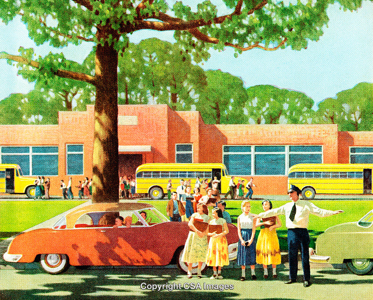 Vintage Illustration of Students, Cars, and School Buses Outside a Brick School