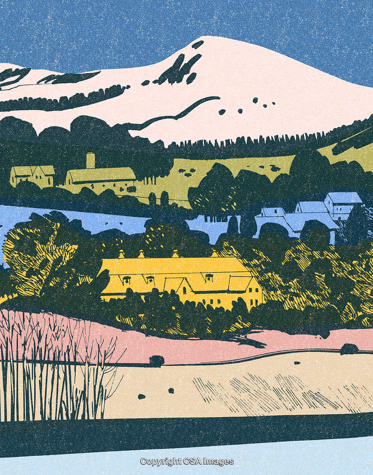 Picturesque Village Scene with Colorful Landscape and Rolling Mountains in Artistic Style