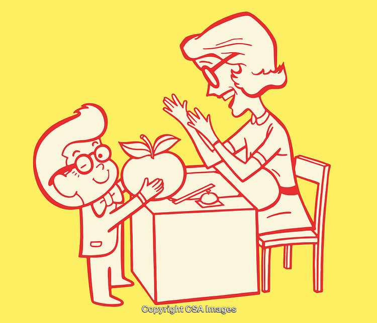 Cartoon Student Offering an Apple to Their Teacher in Class