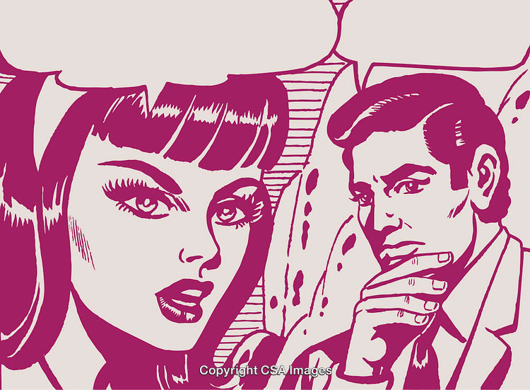 Retro Pop Art Style Illustration of Two Characters With Dialogue Balloons