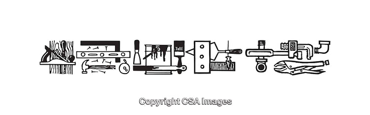 Black and White Tool Illustrations Featuring Various Tools and Equipment