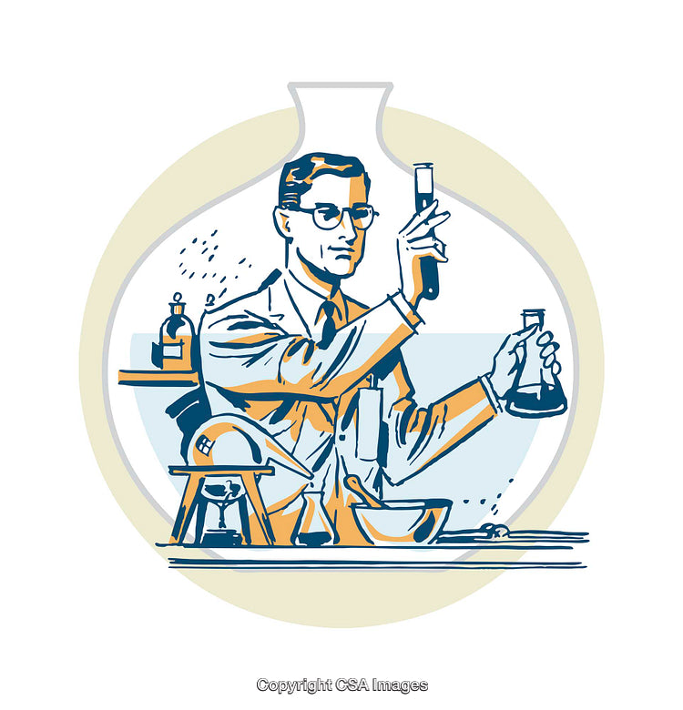 Scientist Performing Experiments in Laboratory with Flasks and Chemistry Tools