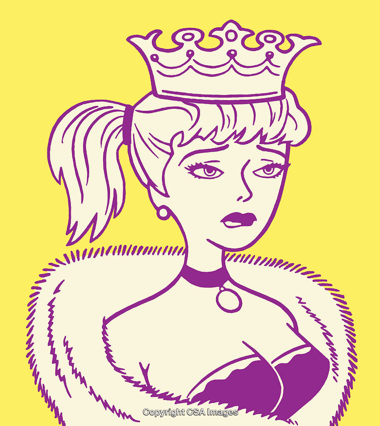 Vintage Line Art of Sad Royal Princess in Crown