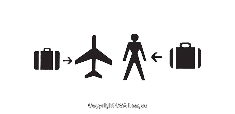 Travel Process Icon Illustrating Luggage, Airplane, and Passenger in Sequence