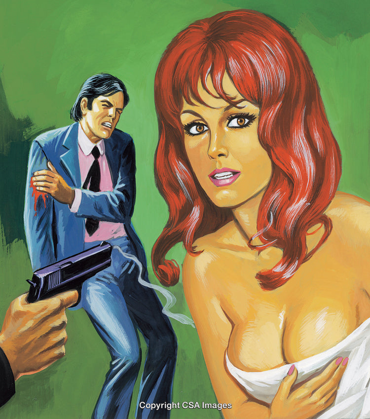 Retro Detective-Themed Artwork with Dynamic Characters in a Climax Scene