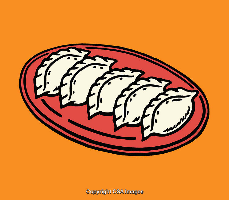 Plate of Dumplings in Colorful Line Art Style on Orange Background