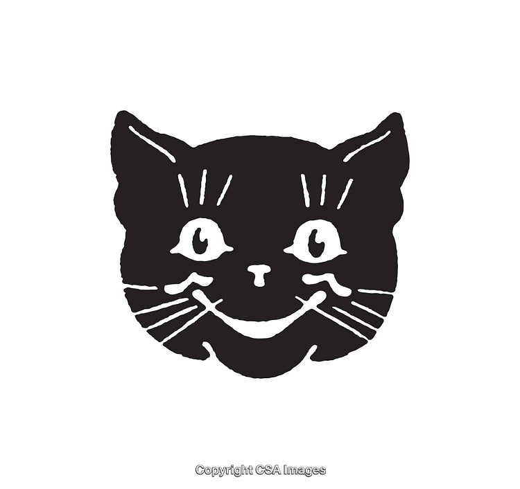 Black and White Line Art Illustration of a Smiling Cat Face