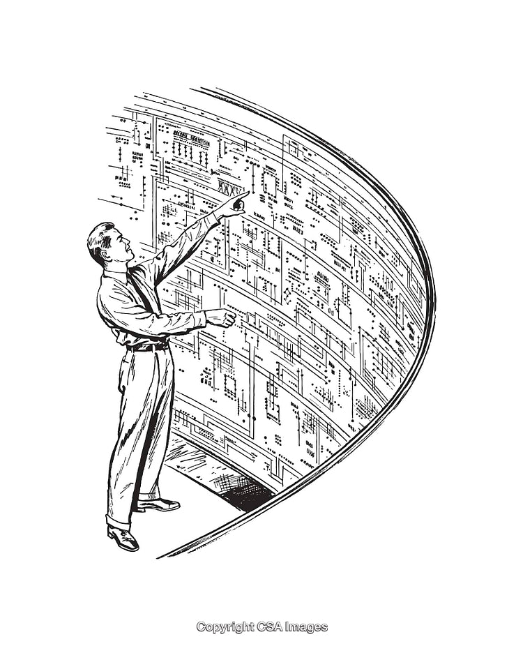 Vintage Line Art of Man Amidst Complex Diagram