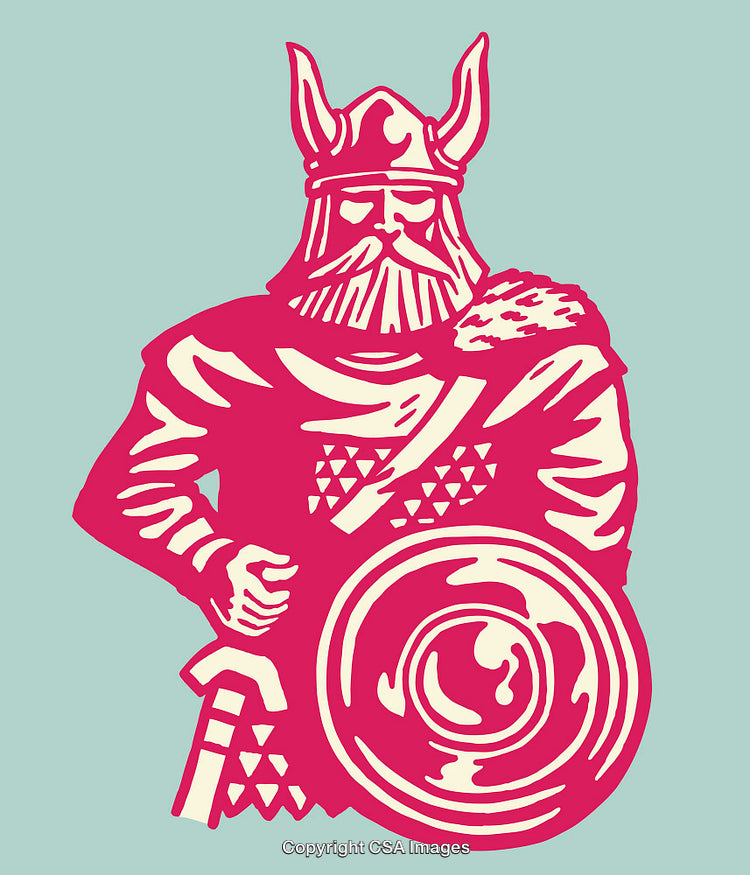 Vibrant Viking Line Art Illustration with Shield and Helmet