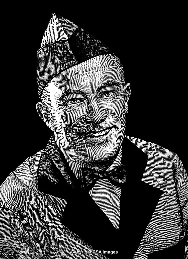 Vintage Black And White Engraved Portrait of a Smiling Man in Formal Attire