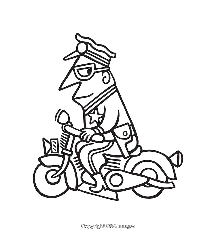 Cartoon Police Officer Riding a Motorcycle Black and White Line Art Illustration