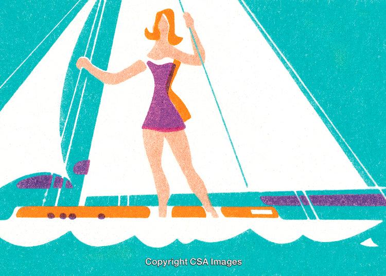 Colorful Vintage Illustration of Woman Sailing on a Blue Ocean