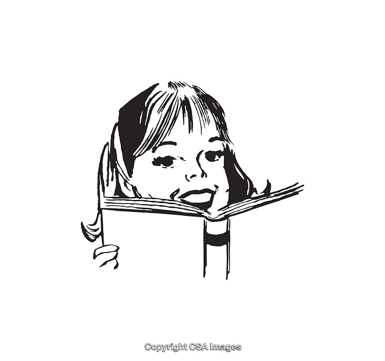 Smiling Child Reading a Book in Black and White Line Art