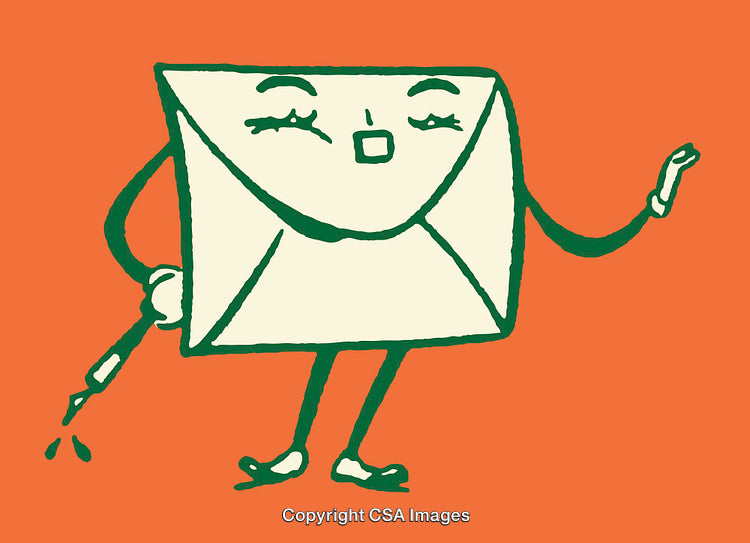 Whimsical Envelope Character Holding a Pen on a Vibrant Orange Background