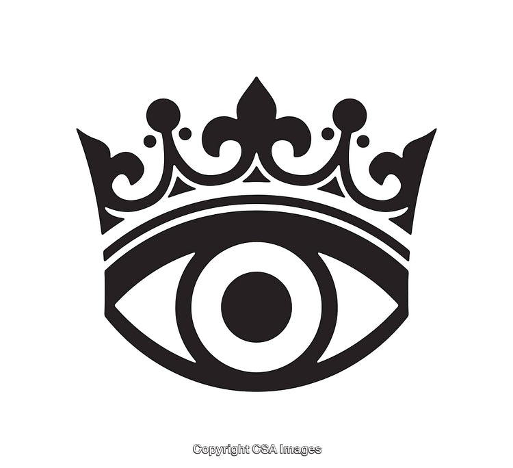 Black and White Line Art Eye Symbol with Crown Illustration