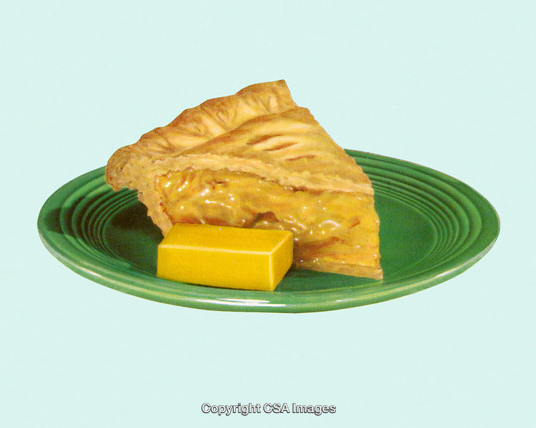 Slice of Pie with Cheese on Green Plate Against Light Background