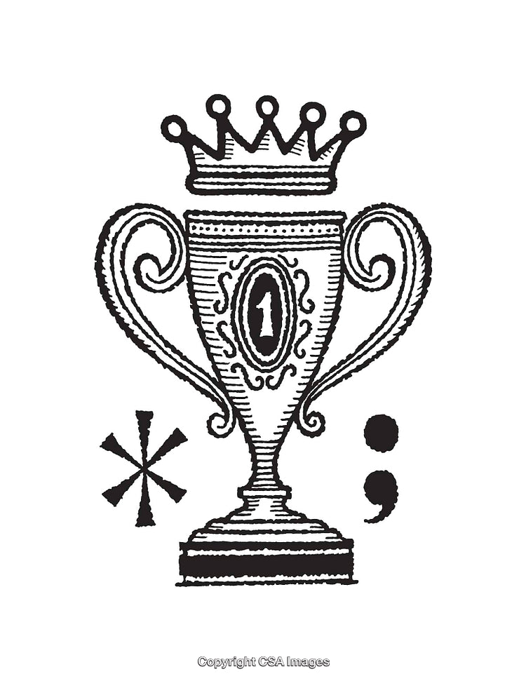 Elegant Black and White Trophy Line Art Illustration with Crown Design