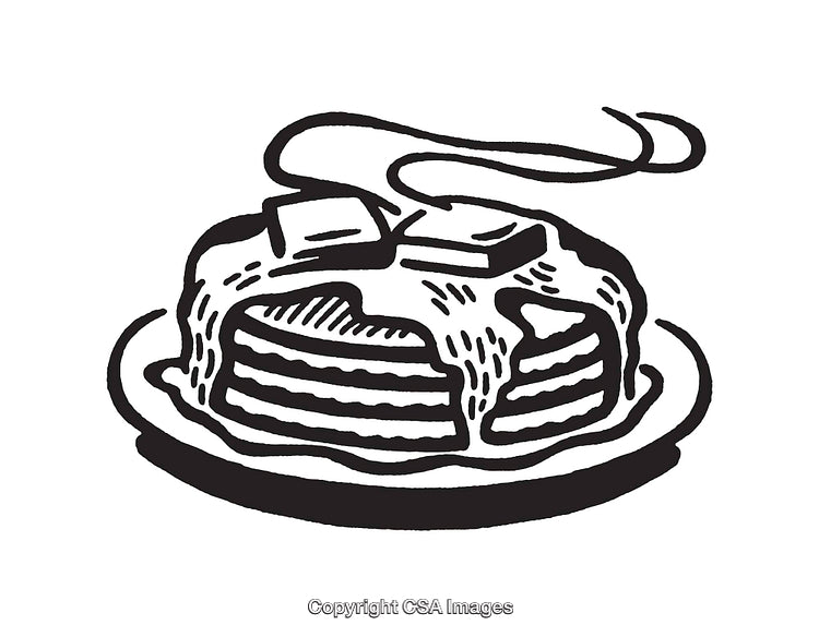 Black and White Line Art of Pancakes with Butter and Syrup