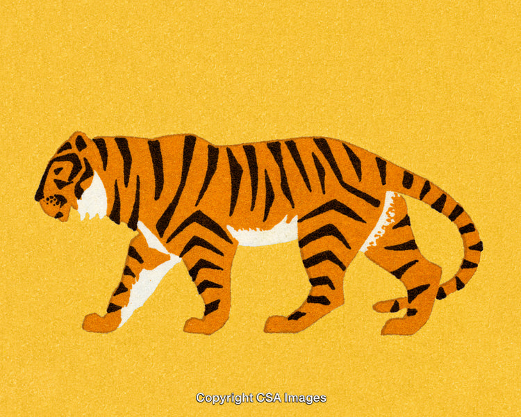 Illustrated Tiger Walking on Yellow Background Showing Vibrant Colors and Patterns