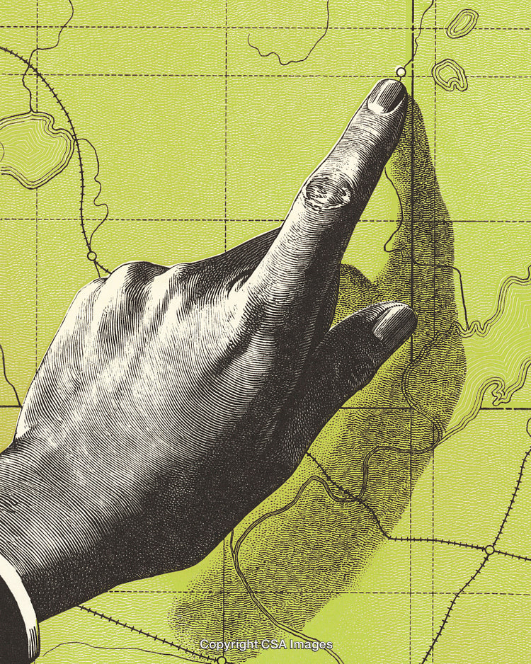 Detailed Vintage Illustration of a Hand Pointing at Map with Yellow Background