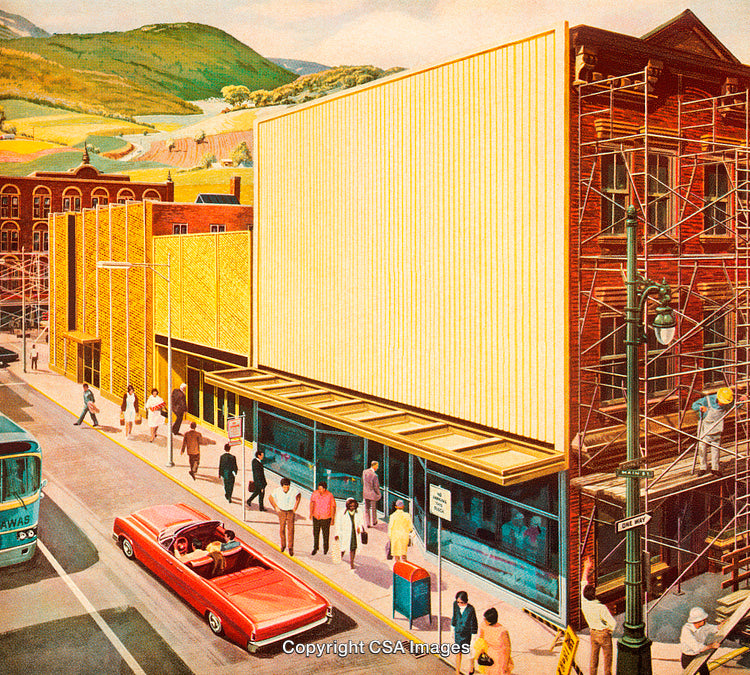 Illustrated Street Scene with Urban Buildings and Pedestrians