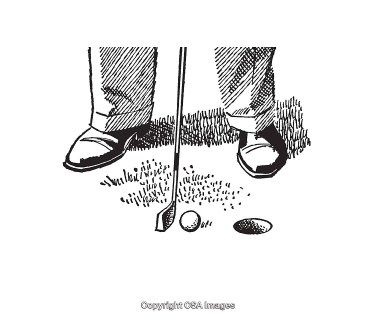 Black and White Line Art of a Golf Scene with Club and Ball