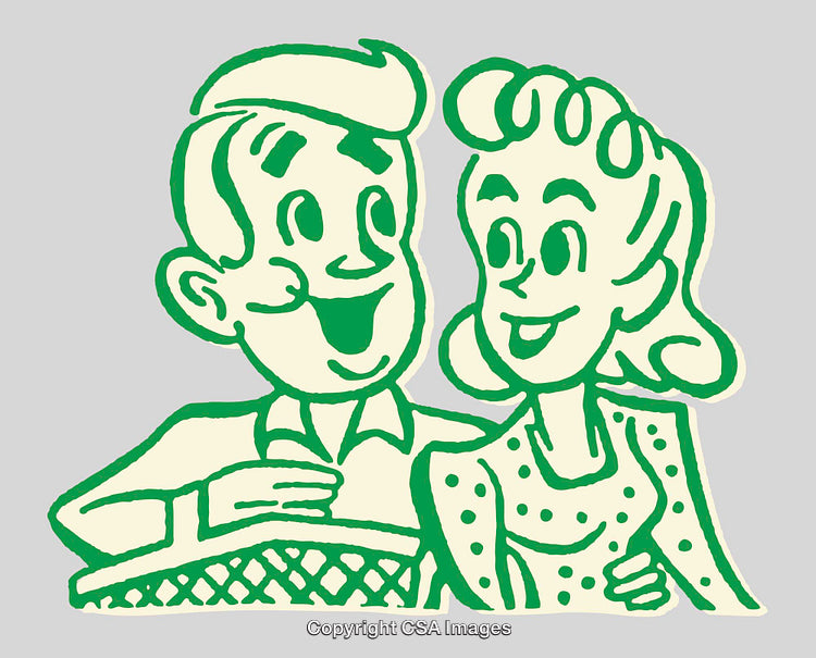 Retro Color Line Art Illustration of a Smiling Couple