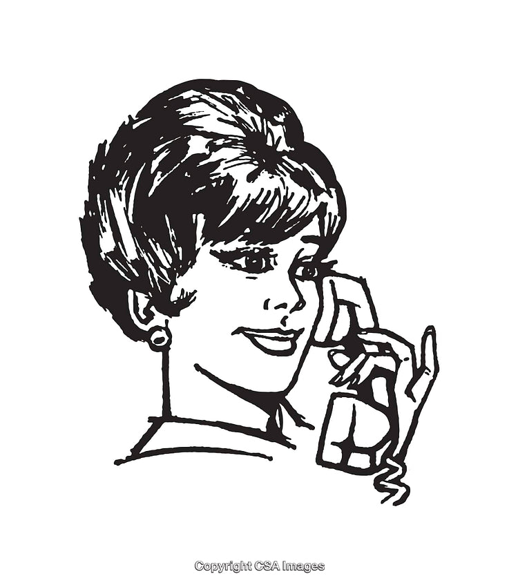 Vintage Black And White Line Art of Woman Talking on Telephone
