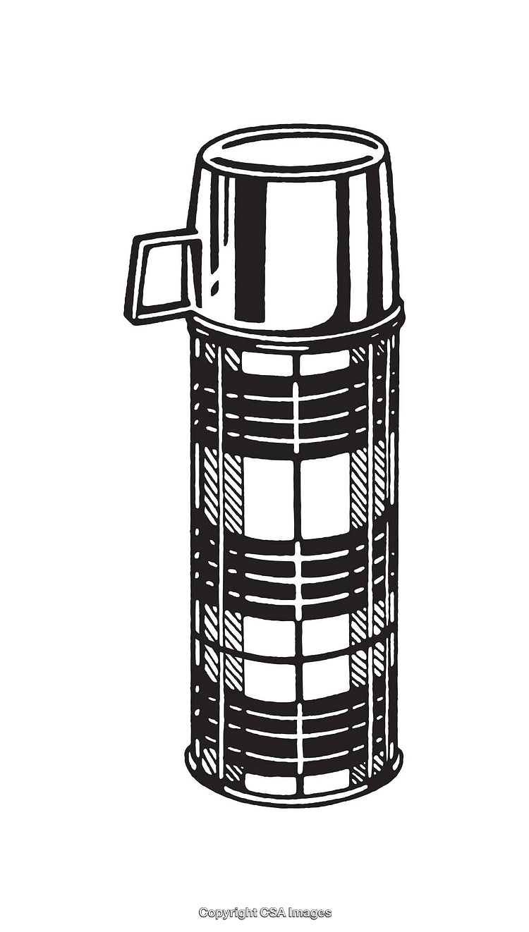 Vintage Thermos Line Art Illustration with Plaid Design