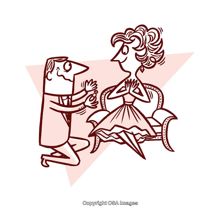 Cartoon Illustration of Marriage Proposal With Kneeling Man Offering Engagement Ring