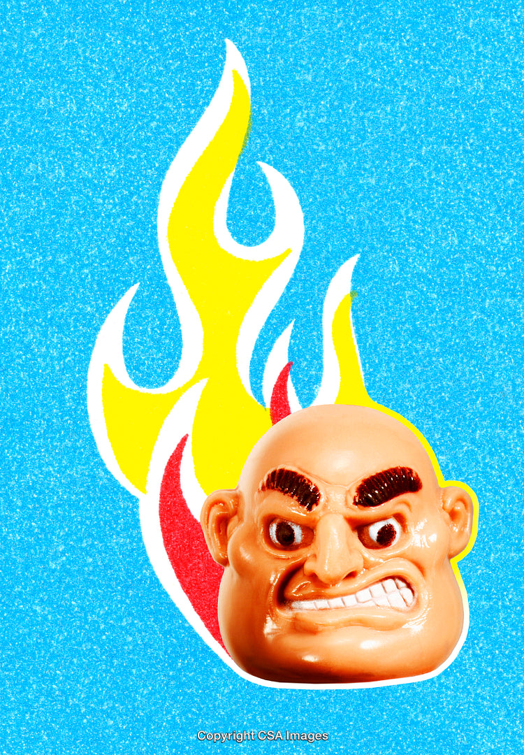 Angry Character Figure with Flame Motif on Vibrant Background
