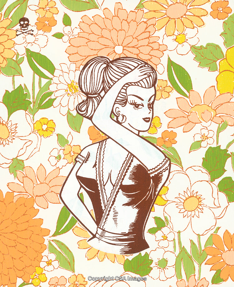 Retro Style Woman with Floral Background Illustration in Vibrant Colors