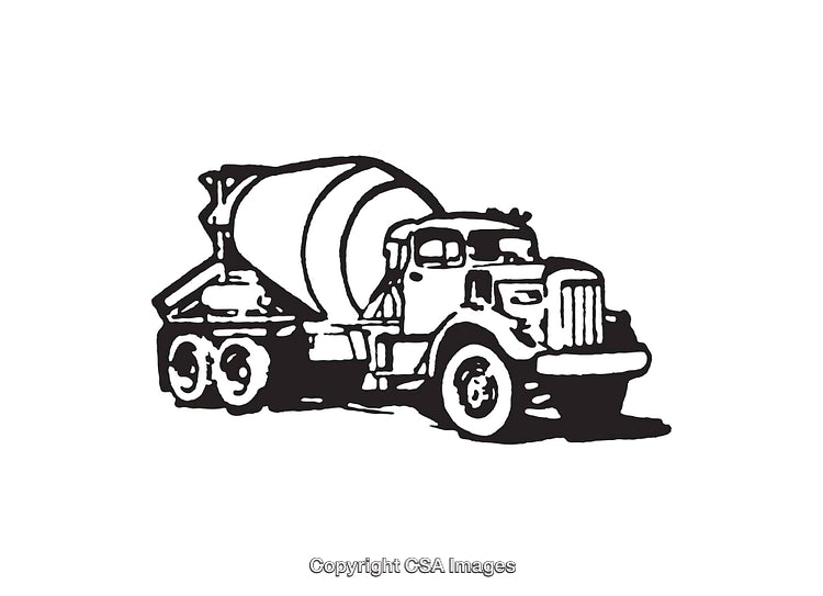 Black and White Line Art of a Cement Mixer Truck