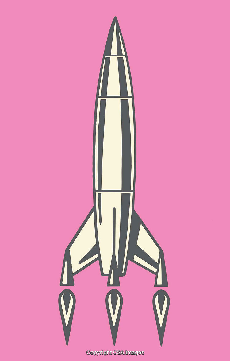 Retro Rocket Illustration Against a Pink Background in Line Art Style