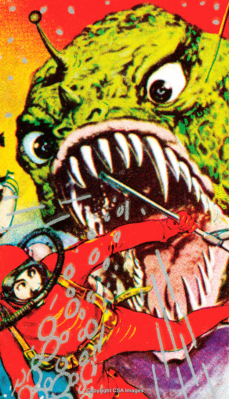 Retro Sci-Fi Illustration of an Underwater Battle Between Diver and Monster