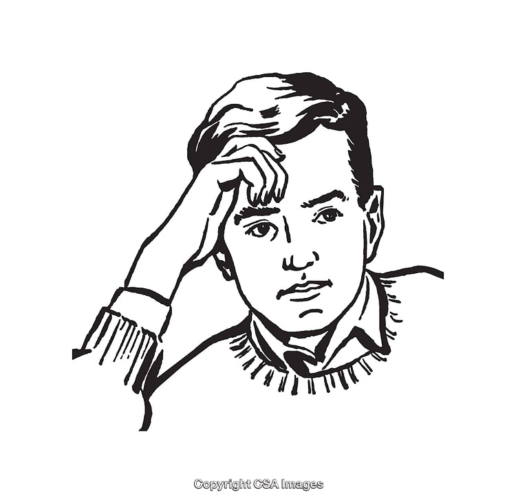 Black And White Illustration Of A Pensive Young Man Sketch