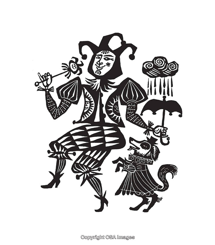 Black and White Harlequin Character with Pet in Artistic Line Art